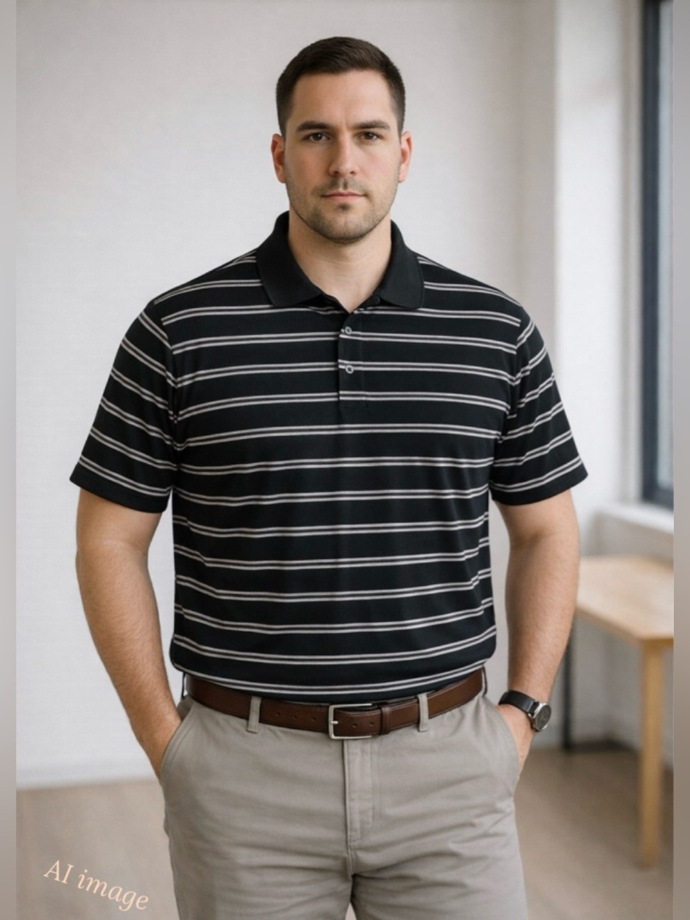 Men’s XXL Black Striped Performance Polo Shirt Lightweight Golf Casual